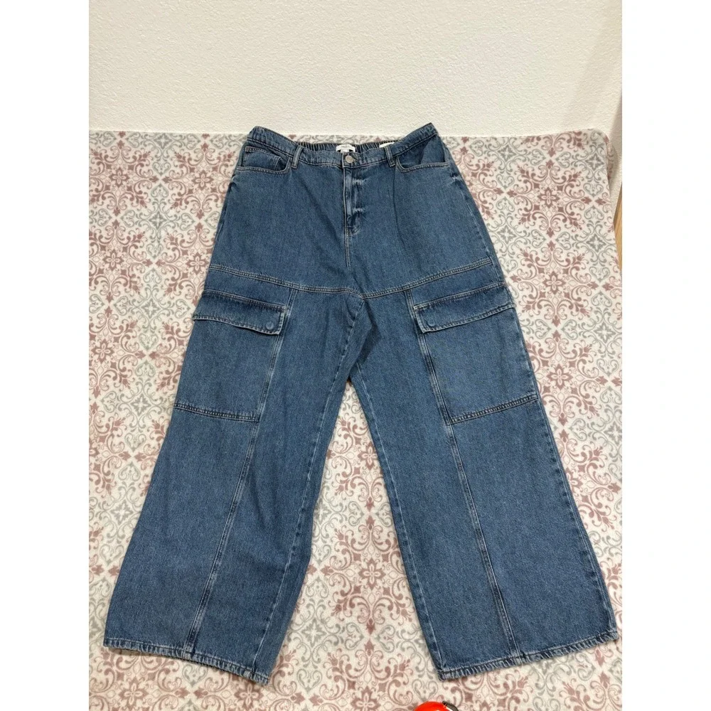 Forever 21+ Premium Blue Cargo Jeans Wide Leg High Rise Plus Size 18 Elastic Bac